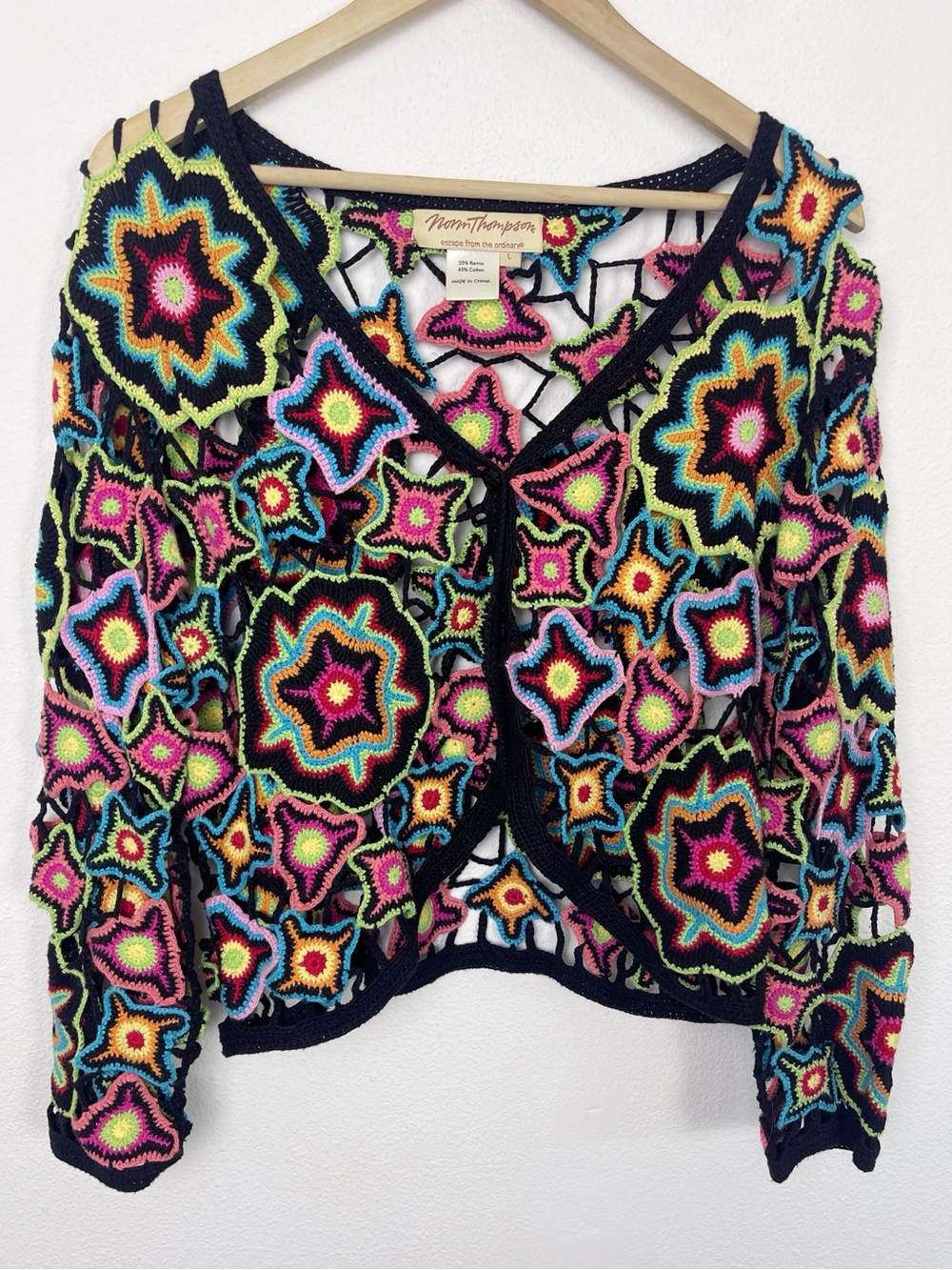Vintage Norm Thompson Floral Crochet Cardigan L